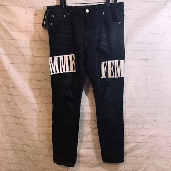 Homme Femme Men's Black Denim Distressed Logo Jeans - Size 38x32 NWT